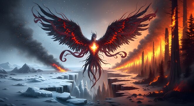 3D render of a mythical fire phoenix spreading huge burning wings over a dramatic sky background. Symbol of rebirth, power, and freedom.