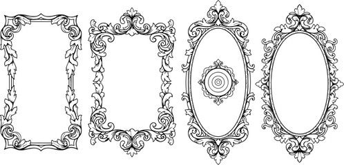 Obraz premium Vintage decorative frames, ornate baroque borders, floral scrollwork design, oval and rectangular motifs, elegant antique style, classic ornamental art, flat vector illustration