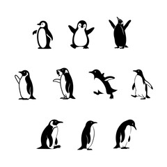 Fototapeta premium Minimalist Penguin Silhouette Set in Various Poses – Flat Black Vector Collection