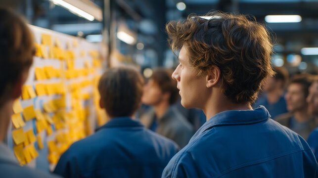 Crowd of factory floor workers in matching blue uniforms gather around a value stream mapping board covered in sticky notes during a lean production huddle, ideal for lean manufacturing, process