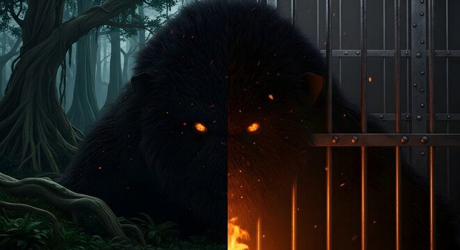 3D render of a giant dark beast monster with glowing orange eyes behind iron cage bars. Concept of shadow creature, nightmare, and dark fantasy power.