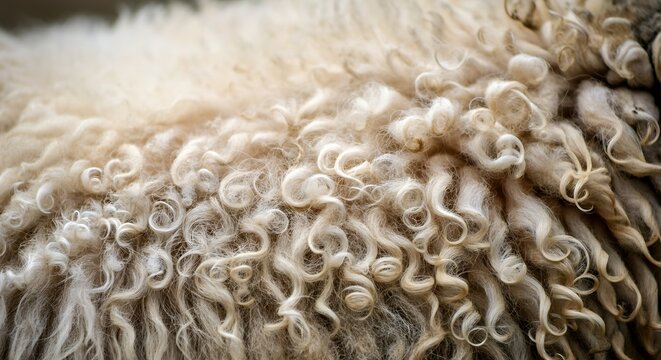 Macro shot of a sheep's wool (raw fleese), creamy white curly fibers, soft lanolin texture, animal husbandry