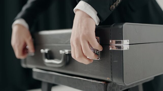 A man in a suit opens a suitcase where a new trumpet is located. Jazz singer plays on a trumpet in modern studio. Playing live jazz concert. Passion for music. Music room.