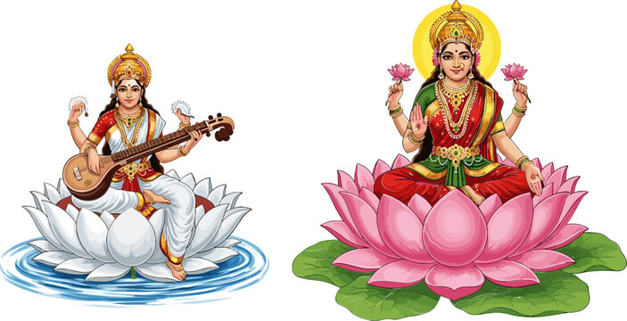 Hindu Goddess Icon Set with Saraswati Playing Veena and Lakshmi with Lotus for Spiritual, Cultural, and Religious Design