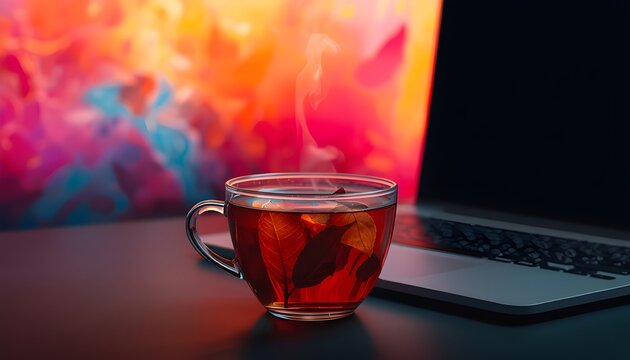 A steaming cup of tea sits on a desk next to a laptop in a colorful workspace