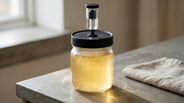 A glass fermentation jar with a plastic airlock lid contains bubbling golden liquid on a concrete kitchen counter, home brewing, healthy probiotic drink, DIY fermentation.