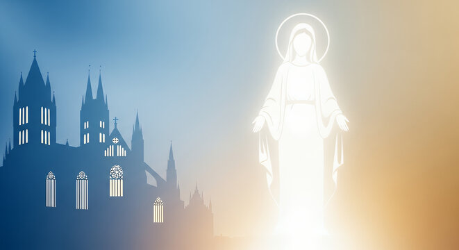 Feast of Our Lady, gradient soft blue and gold, cathedral silhouettes on left background  