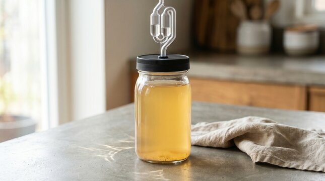 A glass jar with a fermentation airlock contains golden probiotic liquid on a kitchen counter, healthy brewing, organic food preparation, sustainable lifestyle.