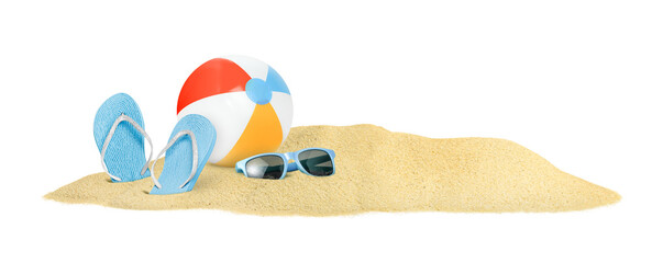 A ball, flip-flops and glasses lie on a pile of sand on a white isolated background