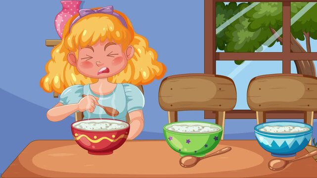 A young girl with blonde hair is sitting at a wooden table, tasting three bowls of rice porridge, reacting to each taste with different expressions.