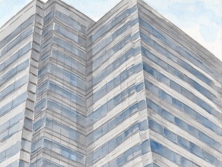 Fototapeta premium Watercolor painting of a towering modern skyscraper against a pale blue sky