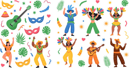 Naklejka premium Carnival and Dance Celebration Icon Set with Musicians, Dancers, Masks, and Tropical Decorations for Festival, Music, and Cultural Design
