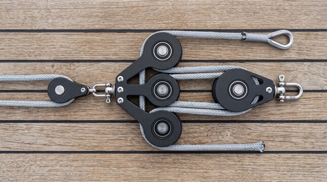 Close-up of a heavy-duty sailing block and tackle pulley system with black carbon fiber style blocks and a grey speckled rope lying on a teak boat deck, nautical equipment, maritime adventure.