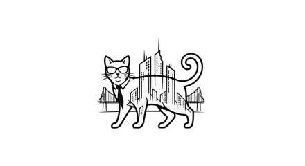 Fototapeta premium Stylized cat with sunglasses, tie, and city skyline filling its body