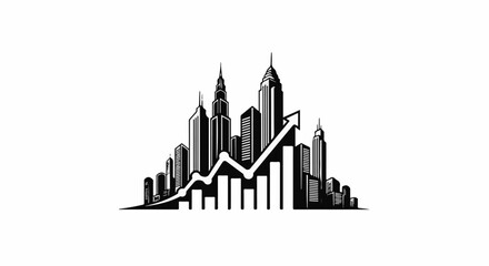 Fototapeta premium Stylized city skyline with upward trend graph and bar chart
