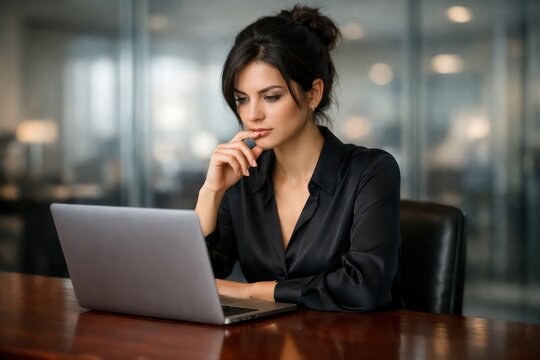 Focused businesswoman working on laptop, elegant professional in a modern office setting, deep in thought, representing corporate success and diligent work ethic.