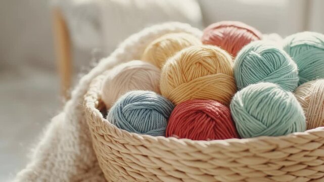 Slow dolly in close up of colorful yarn balls nestled in wicker basket on knitted blanket by sunlit window