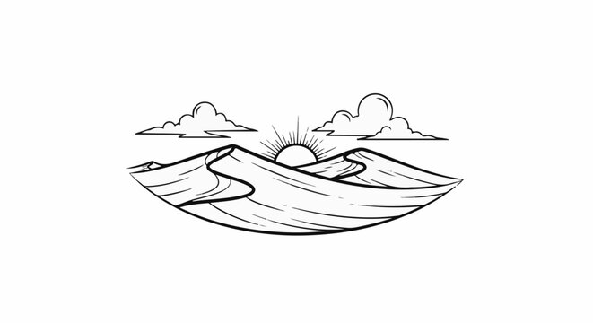 Stylized black and white drawing of a desert landscape with sun