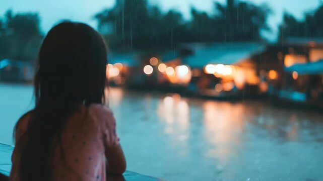 Slow tracking handheld motion of girl watching rain over waterfront market stalls on river pier at dusk with bokeh lights and wet reflections