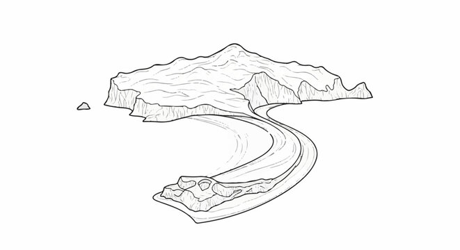 Stylized black and white line drawing of a winding river flowing through a rocky mountain landscape