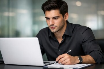 Fototapeta premium Focused young businessman working on laptop, writing notes on clipboard, professional male entrepreneur in a modern office setting, dedicated corporate professional using technology for business