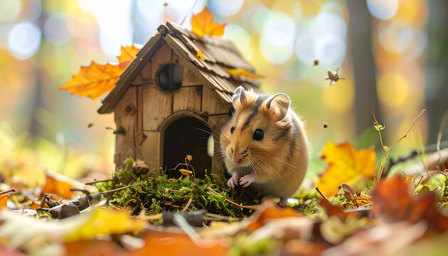 Hamster near miniature wooden house