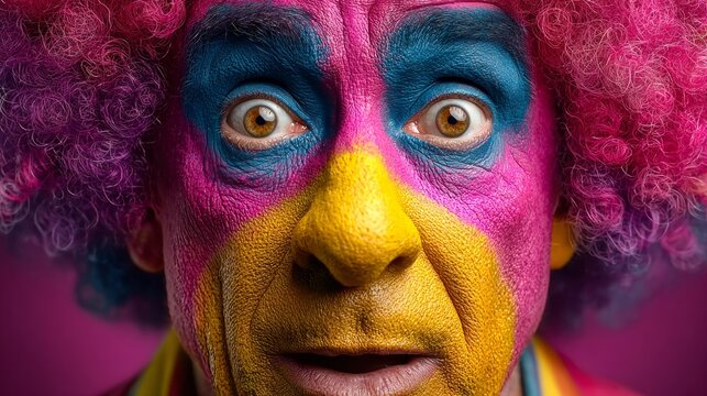 Whimsical paper clown on a vibrant canvas: perfect for april fools day. Blockbuster poster. Dynamic paper clown face with rich textures and playful background. Hero poster. Movie artwork.