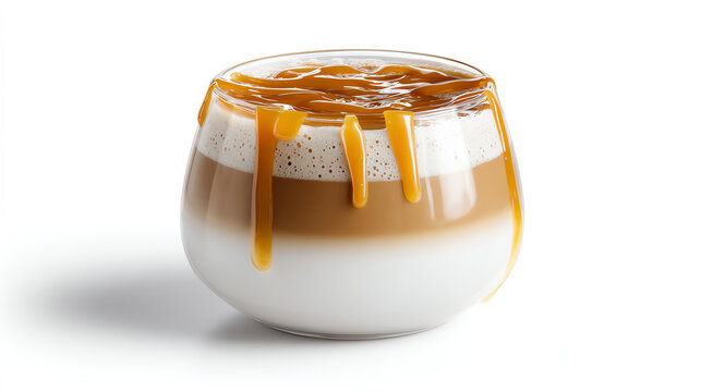 Delicious caramel macchiato in a glass, featuring creamy layers and a rich, sweet caramel drizzle on top.