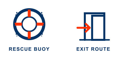 Safety signage rescue buoy and exit route pictograms with text labels © Layla