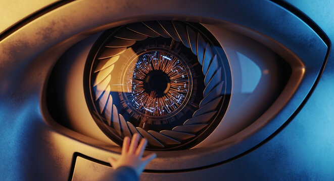 A human hand gently reaches towards an intricate, futuristic robotic eye, symbolizing the evolving connection and interaction between humanity and advanced artificial intelligence