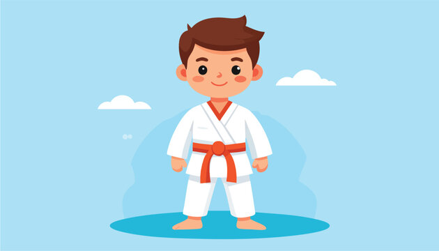 vector Cute Cartoon Boy in White Karate Gi with Orange Belt Standing on Blue Mat