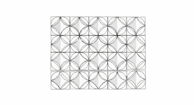 Stylized geometric pattern of interlocking circles forming a floral motif