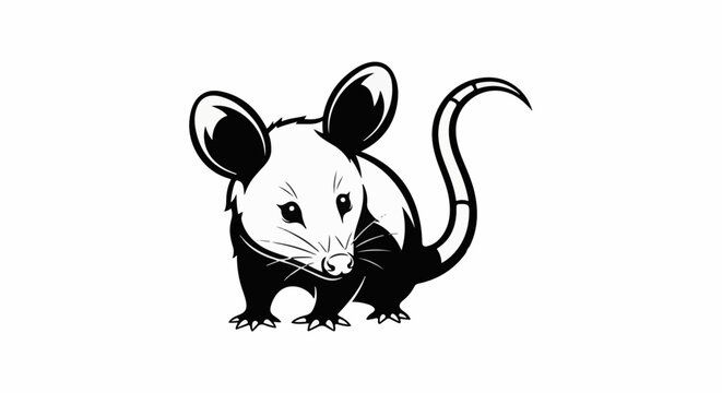 Stylized black and white illustration of a small possum with large ears
