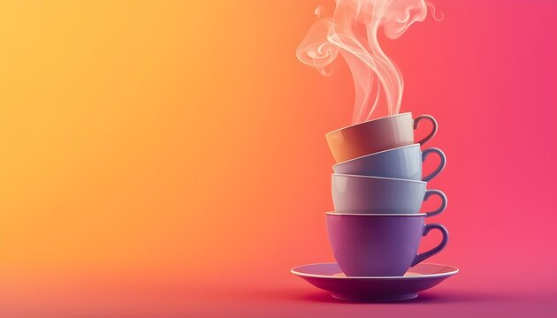A stack of colorful coffee cups on a saucer with steam rising against a vibrant gradient background