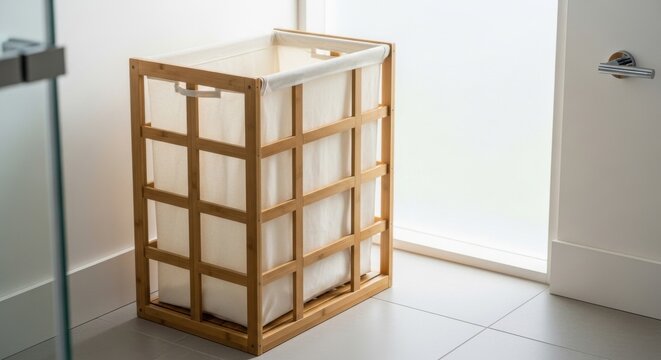 Compact wooden laundry hamper with removable canvas liner and a clean, modern design for home storage