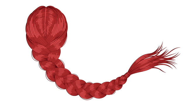 Long thick braid of vibrant red hair curves across a white background showing intricate detail in the hair strands.