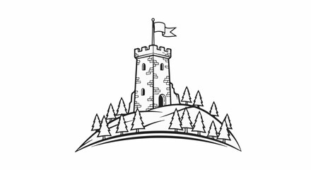 Obraz premium Stone tower with flag stands atop a hill surrounded by pine trees