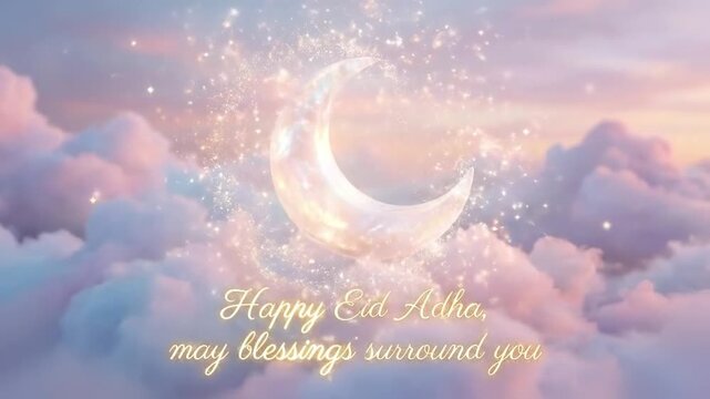 A delicate crescent moon centered over a soft floral arabesque pattern in cream, gold, and sage tones, refined Islamic ornamental style with an elegant composition