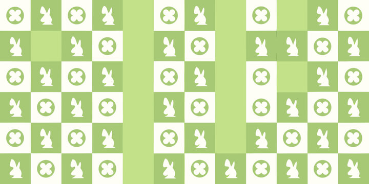 A repeating pattern of green and white squares featuring rabbits