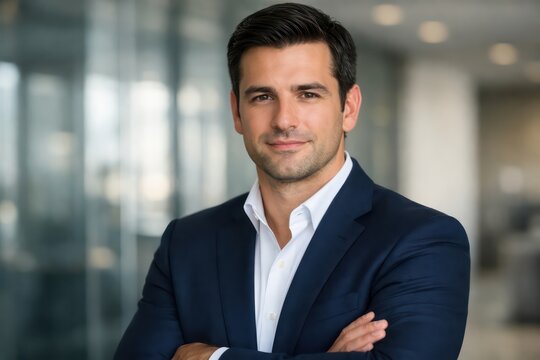 Confident young businessman in a sharp navy blue suit, professional corporate portrait, successful male entrepreneur, modern business leader in an office setting