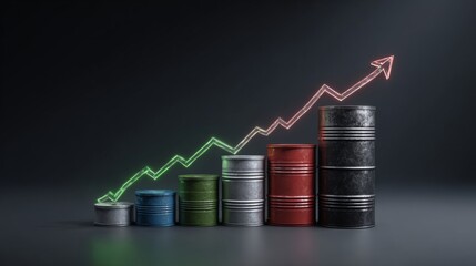 Fototapeta premium Fluctuations in oil illustrated through dynamic visuals and charts. Magazine cover. Radiant barrels and data projections reflect energy sector surge. Simple life. Newsworthy image.