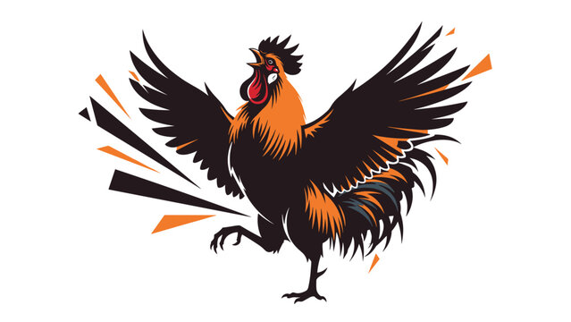 Bold and colorful illustration of a rooster with its head thrown back crowing loudly with its wings spread.