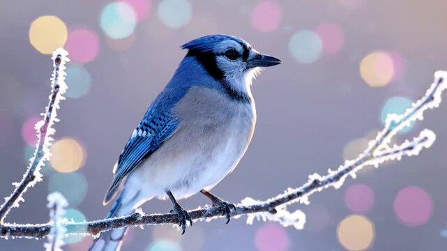 A blue jay perched on a frosty branch.