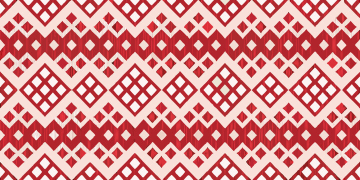 Repeating geometric pattern of red diamonds and zigzags on a white background