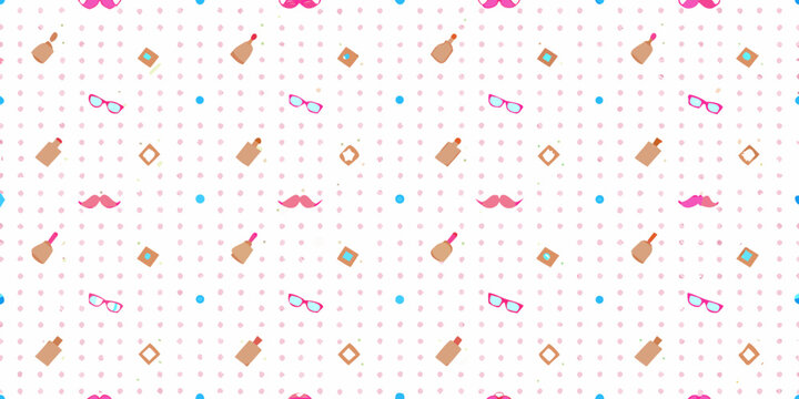 A playful pattern featuring bottles mustaches glasses and diamonds