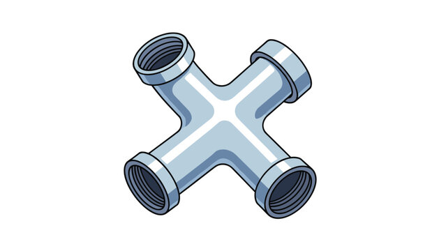 Metallic four way cross pipe fitting used in plumbing and industrial piping shown in a detailed isometric view.