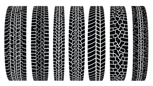 Set of black tire tread textures showing different patterns for various vehicles and terrains on a white background.