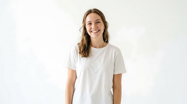 Smiling young woman portrait in white t-shirt, natural light, isolated on clean background, positive expression and casual lifestyle.