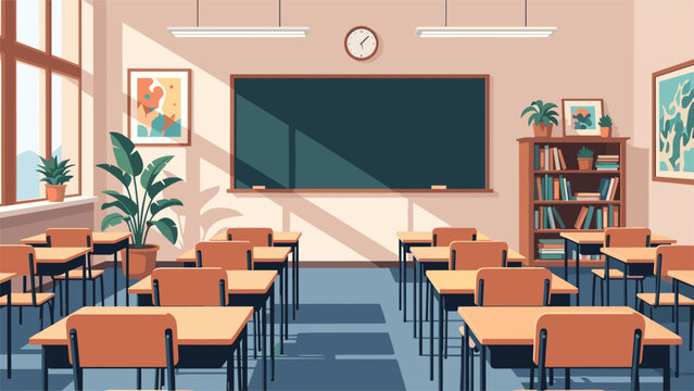 Interior of a bright and clean modern school classroom with rows of desks a large blackboard and wooden bookshelves.