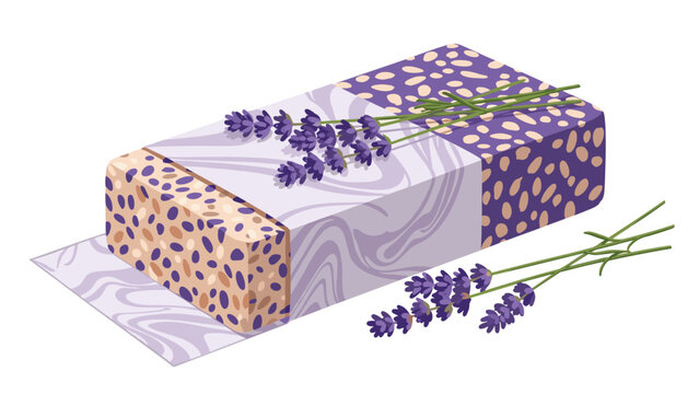 Artisanal handmade soap bar wrapped in decorative purple paper and topped with a bundle of fresh lavender flowers.